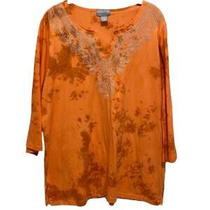 Company One Orange Tunic Plus Size 1X Metallic Silver Embroidery 3/4 Sleeve Top